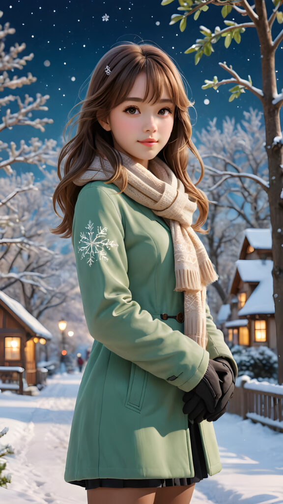 The girl's face and body both say that it's cold, and the background scenery says it, too. The scene features a cute girl with brown straight soft hair, bangs cut. She stands in front of the viewer, her back turned towards them, her body language indicating warmth and intimacy. Her attire is casual, comfortable, and warm, consisting of a fluffy green jacket, a beige scarf, and gloves. The background showcases a charming, detailed scene with a large, glowing tree under a starry sky. The tree is adorned with shiny, translucent ornaments that give off a subtle bluish glow, emphasizing its majestic presence. Around it, a whimsical scene unfolds with a black, three-dimensional snowflake swirling around the girl, adding a magical touch to the serene winter landscape.