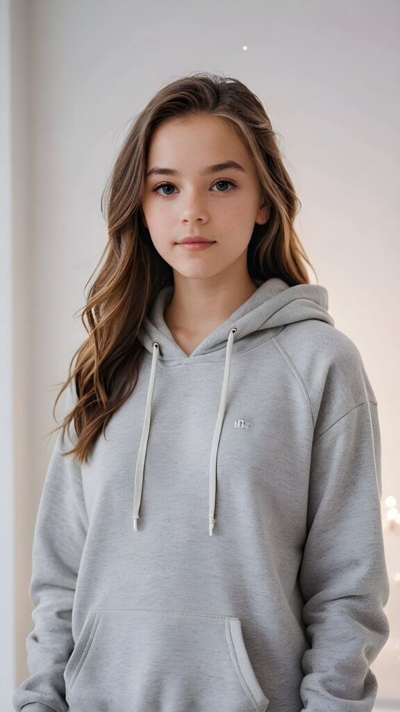 visualize a (((young teen girl))) dressed in a (vividly gray hoodie), standing confidently against a (magnificent white backdrop) that suggests tranquility and serenity