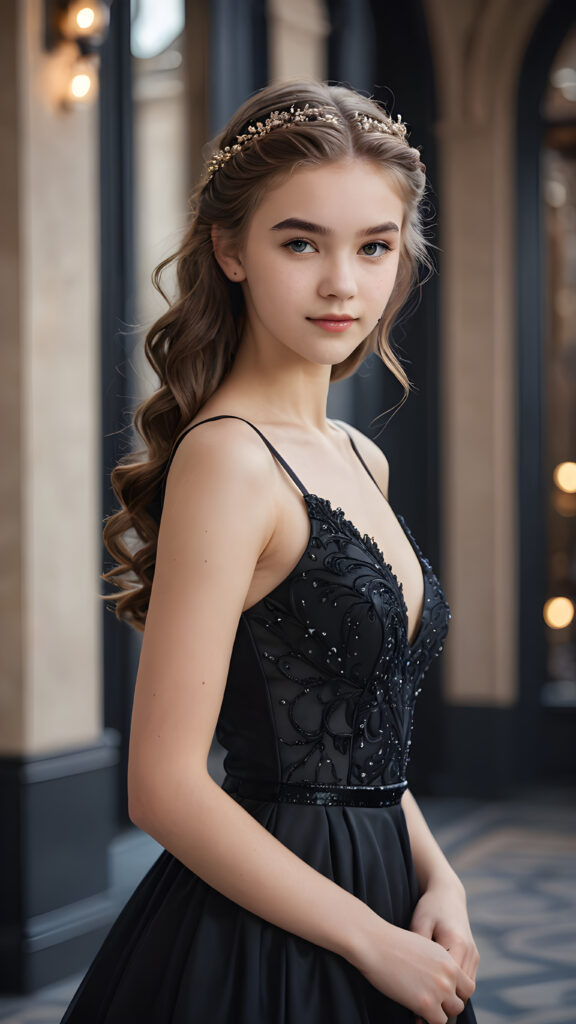 Visualize a (((fantastic fantasy teen girl))) with intricate details and realistic features, ((posed in an elegant pose)) against a (((softly blurred empty backdrop))), dressed in a (((black cocktail dress))), her hair flowing gracefully around her