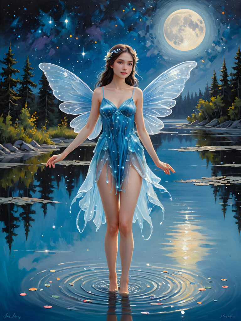 Visualize a (((sweet and young lunar fairy))), standing in a (((shallow lake))), with a figure that exudes an ethereal perfection. The sky above is suffused with a soft (((blue))) hue, contrasted by (((black))) streaks, while a canvas of twinkling (((stars))) sprinkle the expanse. The fairy's wings span as large as her body and shimmer in a (rainbow spectrum)