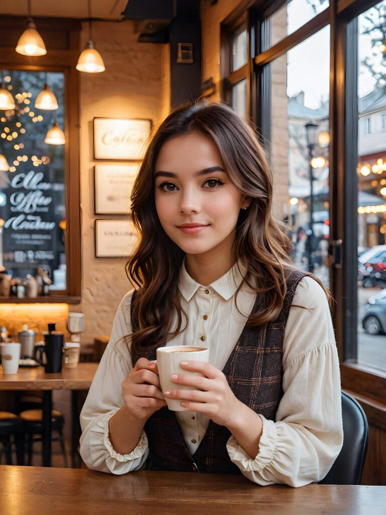 visualize an incredible scene where a beautifully dressed girl, surrounded by the warm glow of a coffee shop, enjoys (a cup) of coffee with utmost elegance. 4k resolution, best quality