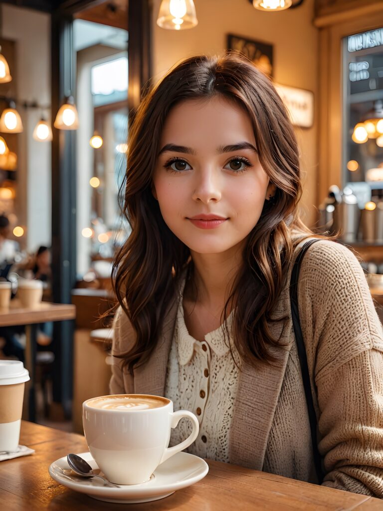 visualize an incredible scene where a beautifully dressed girl, surrounded by the warm glow of a coffee shop, enjoys (a cup) of coffee with utmost elegance. 4k resolution, best quality