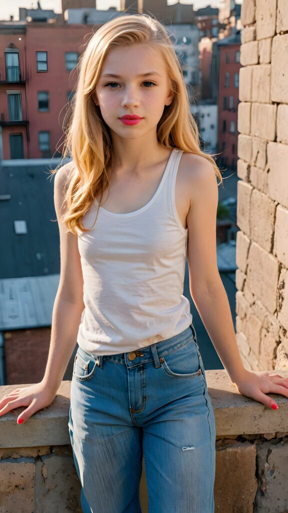 a (((11-year-old girl))) with luxuriously long, (((straight gold hair))), flawlessly pale skin, and (((pink lips))), dressed in a (((low-cut, short white tank top))), paired with (((short denim jeans))), waiting confidently on a (((building ledge))), surrounded by a (((vividly detailed, 1940s-inspired backdrop))) with warm, (((sunset tones))) gently illuminating her scene