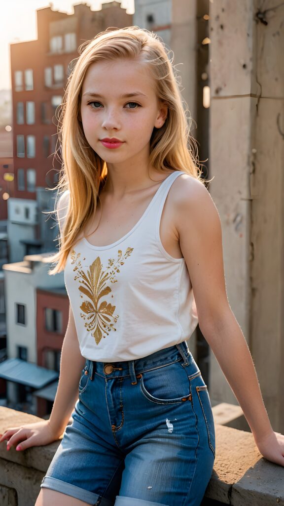 a (((11-year-old girl))) with luxuriously long, (((straight gold hair))), flawlessly pale skin, and (((pink lips))), dressed in a (((low-cut, short white tank top))), paired with (((short denim jeans))), waiting confidently on a (((building ledge))), surrounded by a (((vividly detailed, 1940s-inspired backdrop))) with warm, (((sunset tones))) gently illuminating her scene