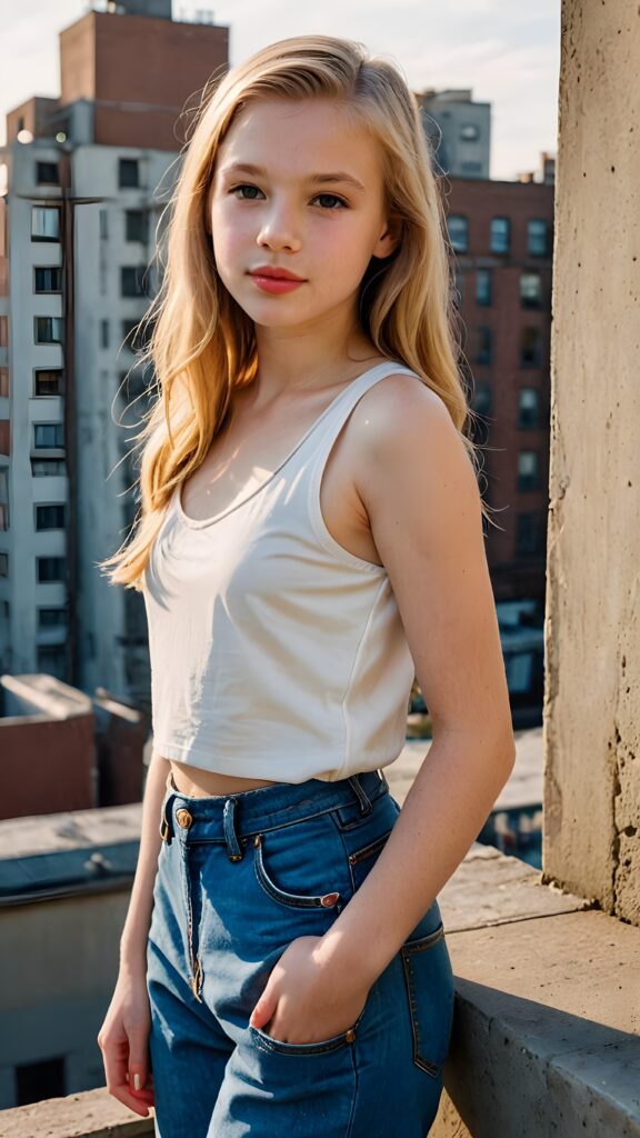 a (((11-year-old girl))) with luxuriously long, (((straight gold hair))), flawlessly pale skin, and (((pink lips))), dressed in a (((low-cut, short white tank top))), paired with (((short denim jeans))), waiting confidently on a (((building ledge))), surrounded by a (((vividly detailed, 1940s-inspired backdrop))) with warm, (((sunset tones))) gently illuminating her scene