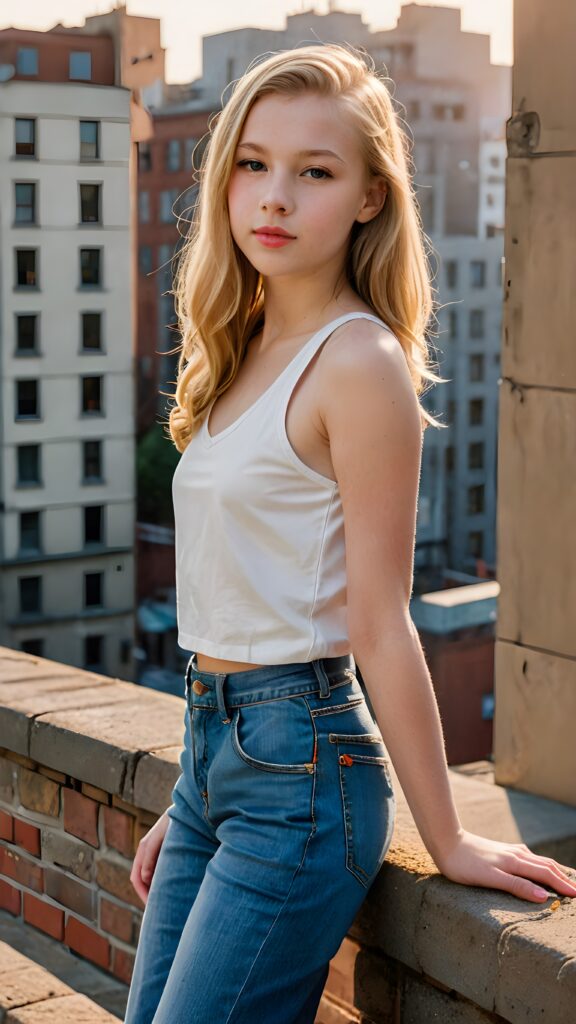 a (((11-year-old girl))) with luxuriously long, (((straight gold hair))), flawlessly pale skin, and (((pink lips))), dressed in a (((low-cut, short white tank top))), paired with (((short denim jeans))), waiting confidently on a (((building ledge))), surrounded by a (((vividly detailed, 1940s-inspired backdrop))) with warm, (((sunset tones))) gently illuminating her scene