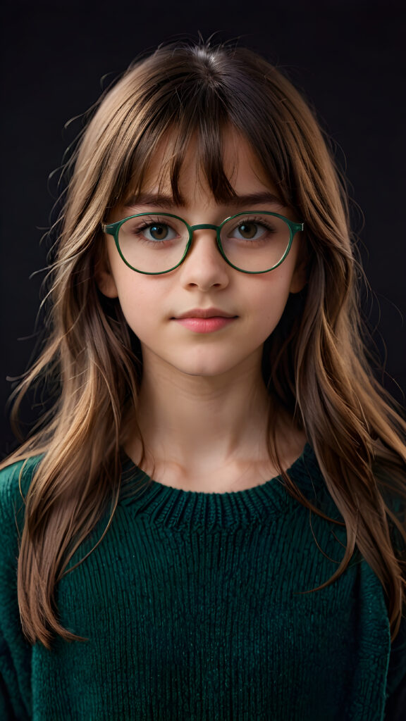 a 12-years old girl with long, brown shoulder-length hair, wearing a large, dark green prescription glasses, a fine sweater made of wool. She has bangs that are parted to the side. Her eyes are dark brown. ((dark background)) ((gorgeous)) ((stunning)) ((perfect portrait))