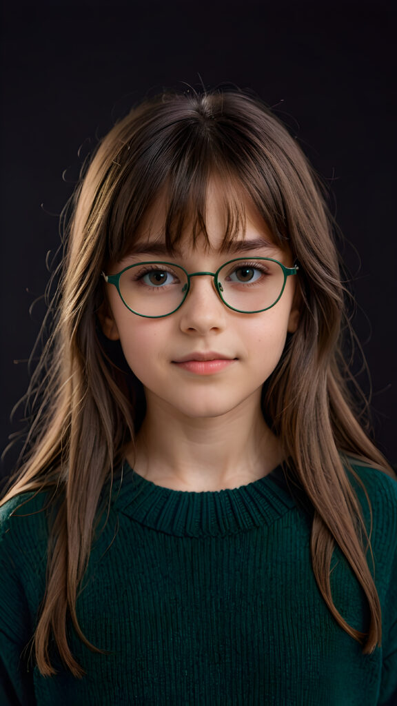 a 12-years old girl with long, brown shoulder-length hair, wearing a large, dark green prescription glasses, a fine sweater made of wool. She has bangs that are parted to the side. Her eyes are dark brown. ((dark background)) ((gorgeous)) ((stunning)) ((perfect portrait))