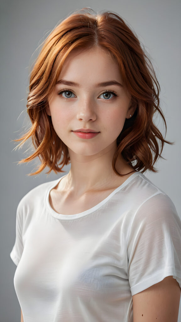 a 13 years old teen girl, shoulder-length red hair, she wears a ((white short thin t-shirt made of silk)), perfect curved body, ultra realistic face, realistic eyes, ((angelic round face)), stunning photo with beautiful saturation, ultra high resolution, deep shadow, (best quality, masterpiece), looking at viewer, warm smile, masterpiece, ultra realistic portrait, best quality, ((grey light background)) ((gorgeous)) ((cute)) ((side view)) ((full body))