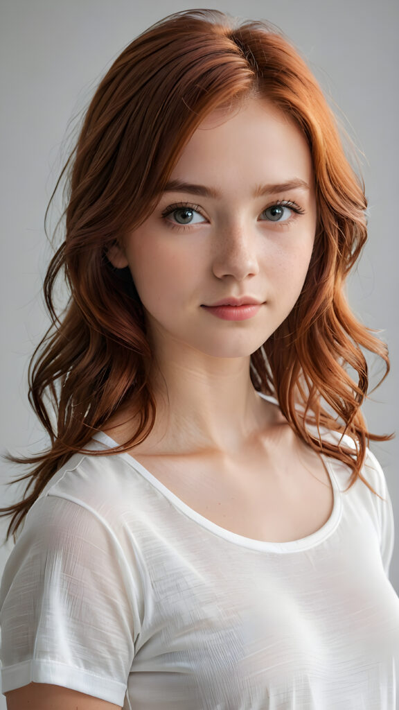 a 13 years old teen girl, shoulder-length red hair, she wears a ((white short thin t-shirt made of silk)), perfect curved body, ultra realistic face, realistic eyes, ((angelic round face)), stunning photo with beautiful saturation, ultra high resolution, deep shadow, (best quality, masterpiece), looking at viewer, warm smile, masterpiece, ultra realistic portrait, best quality, ((grey light background)) ((gorgeous)) ((cute)) ((side view)) ((full body))