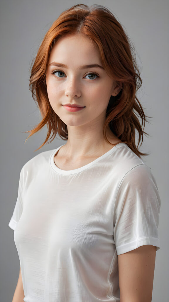 a 13 years old teen girl, shoulder-length red hair, she wears a ((white short thin t-shirt made of silk)), perfect curved body, ultra realistic face, realistic eyes, ((angelic round face)), stunning photo with beautiful saturation, ultra high resolution, deep shadow, (best quality, masterpiece), looking at viewer, warm smile, masterpiece, ultra realistic portrait, best quality, ((grey light background)) ((gorgeous)) ((cute)) ((side view)) ((full body))