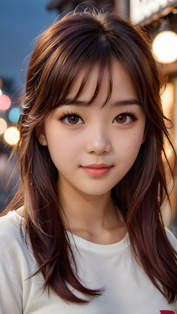 a 14 years old teen girl, detailed hair, Korea styled bangs, white short t-shirt, perfect curved body, ultra realistic face, realistic amber eyes, detailed maroon straight long hair, a stunning photo with beautiful saturation, ultra high resolution, deep shadow, (best quality, masterpiece), looking at viewer, warm smile, (upper body)