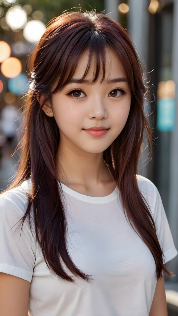 a 14 years old teen girl, detailed hair, Korea styled bangs, white short t-shirt, perfect curved body, ultra realistic face, realistic amber eyes, detailed maroon straight long hair, a stunning photo with beautiful saturation, ultra high resolution, deep shadow, (best quality, masterpiece), looking at viewer, warm smile, (upper body)