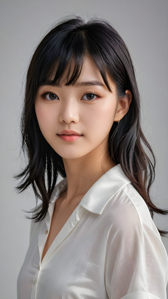 a 15 years old Korean teen girl, shoulder-length straight black hair, bangs that are parted to the side, she wears a ((white short thin shirt made of silk)), perfect curved body, ultra realistic face, realistic eyes, ((angelic round face)), stunning photo with beautiful saturation, ultra high resolution, deep shadow, (best quality, masterpiece), looking at viewer, warm smile, masterpiece, ultra realistic portrait, best quality, ((grey light background)) ((gorgeous)) ((cute)) ((side view)) ((full body))