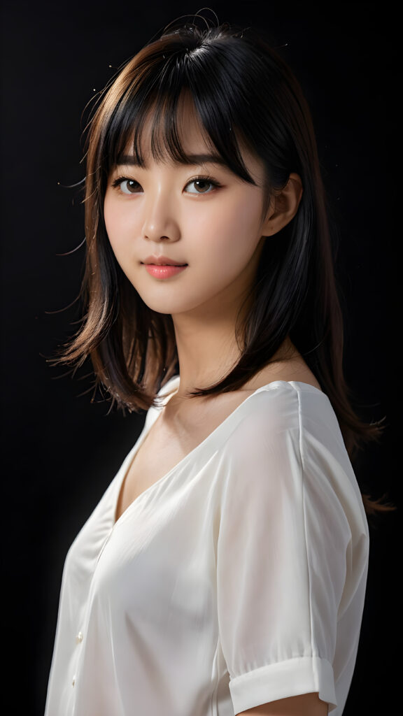 a 15 years old Korean teen girl, shoulder-length straight black hair, bangs that are parted to the side, she wears a ((white short thin shirt made of silk)), perfect curved body, ultra realistic face, realistic eyes, ((angelic round face)), stunning photo with beautiful saturation, ultra high resolution, deep shadow, (best quality, masterpiece), looking at viewer, warm smile, masterpiece, ultra realistic portrait, best quality, ((black dark background)) ((gorgeous)) ((cute)) ((side view)) ((full body))