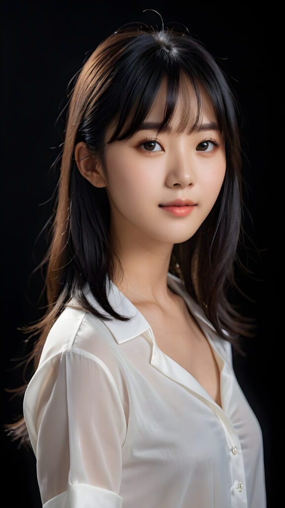 a 15 years old Korean teen girl, shoulder-length straight black hair, bangs that are parted to the side, she wears a ((white short thin shirt made of silk)), perfect curved body, ultra realistic face, realistic eyes, ((angelic round face)), stunning photo with beautiful saturation, ultra high resolution, deep shadow, (best quality, masterpiece), looking at viewer, warm smile, masterpiece, ultra realistic portrait, best quality, ((black dark background)) ((gorgeous)) ((cute)) ((side view)) ((full body))