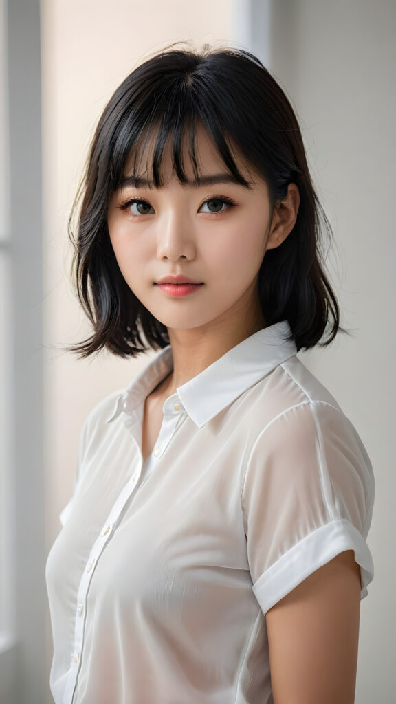 a 15 years old Korean teen girl, shoulder-length straight black hair, bangs that are parted to the side, she wears a ((white short thin shirt made of silk)), perfect curved body, ultra realistic face, realistic eyes, ((angelic round face)), stunning photo with beautiful saturation, ultra high resolution, deep shadow, (best quality, masterpiece), looking at viewer, warm smile, masterpiece, ultra realistic portrait, best quality, ((grey light background)) ((gorgeous)) ((cute)) ((side view)) ((full body))