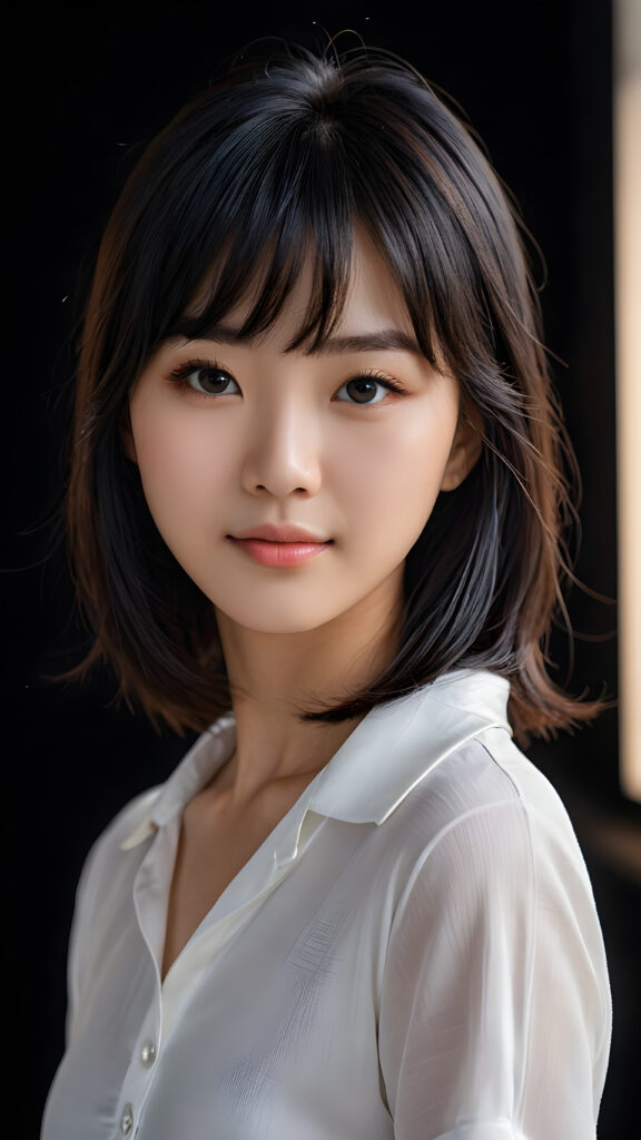 a 15 years old Korean teen girl, shoulder-length straight black hair, bangs that are parted to the side, she wears a ((white short thin shirt made of silk)), perfect curved body, ultra realistic face, realistic eyes, ((angelic round face)), stunning photo with beautiful saturation, ultra high resolution, deep shadow, (best quality, masterpiece), looking at viewer, warm smile, masterpiece, ultra realistic portrait, best quality, ((black dark background)) ((gorgeous)) ((cute)) ((side view)) ((full body))