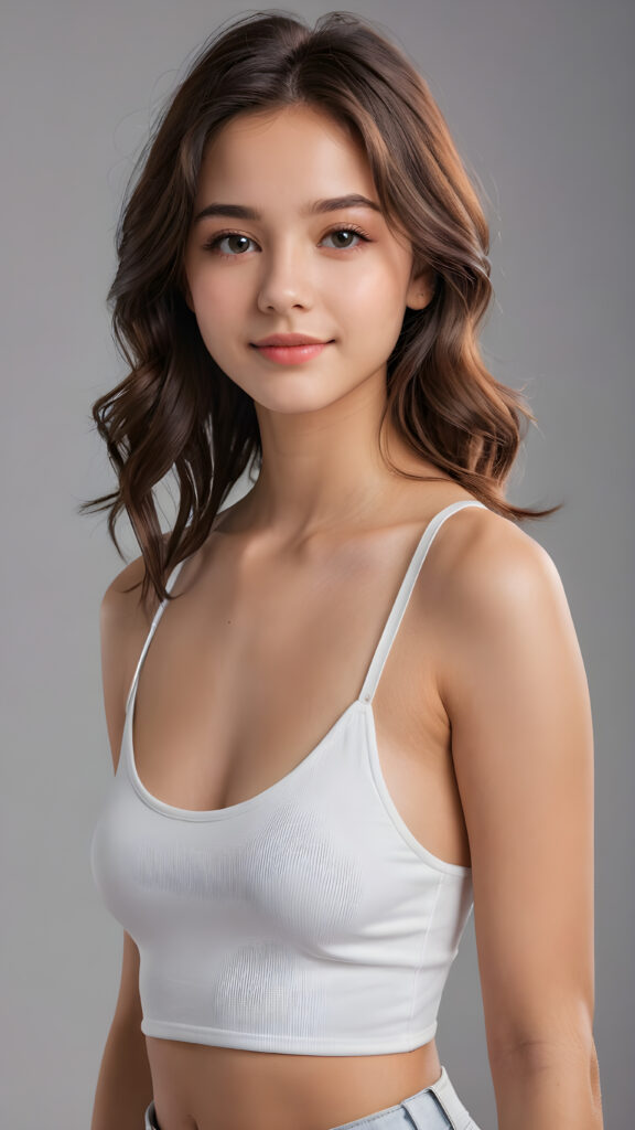 a 15 years old teen girl, shoulder-length hair, she wears a ((white short crop tank top)), perfect curved body, ultra realistic face, realistic eyes, ((angelic round face)), stunning photo with beautiful saturation, ultra high resolution, deep shadow, (best quality, masterpiece), looking at viewer, warm smile, masterpiece, ultra realistic portrait, best quality, ((grey light background)) ((gorgeous)) ((cute)) ((side view)) ((full body))