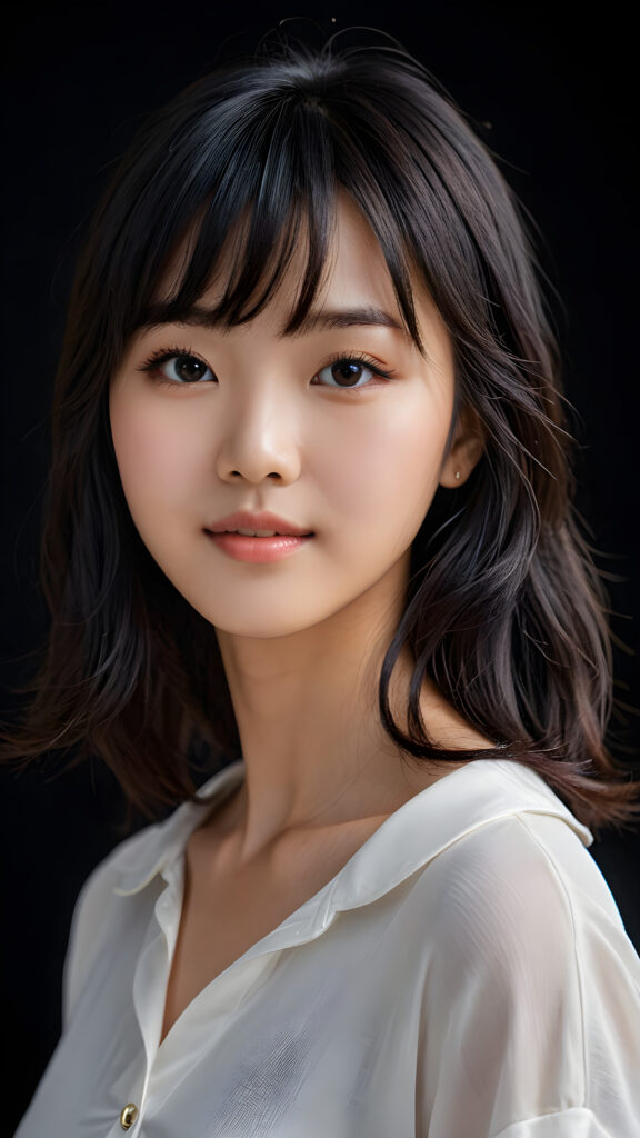 a 15 years old Korean teen girl, shoulder-length straight black hair, bangs that are parted to the side, she wears a ((white short thin shirt made of silk)), perfect curved body, ultra realistic face, realistic eyes, ((angelic round face)), stunning photo with beautiful saturation, ultra high resolution, deep shadow, (best quality, masterpiece), looking at viewer, warm smile, masterpiece, ultra realistic portrait, best quality, ((black dark background)) ((gorgeous)) ((cute)) ((side view)) ((full body))