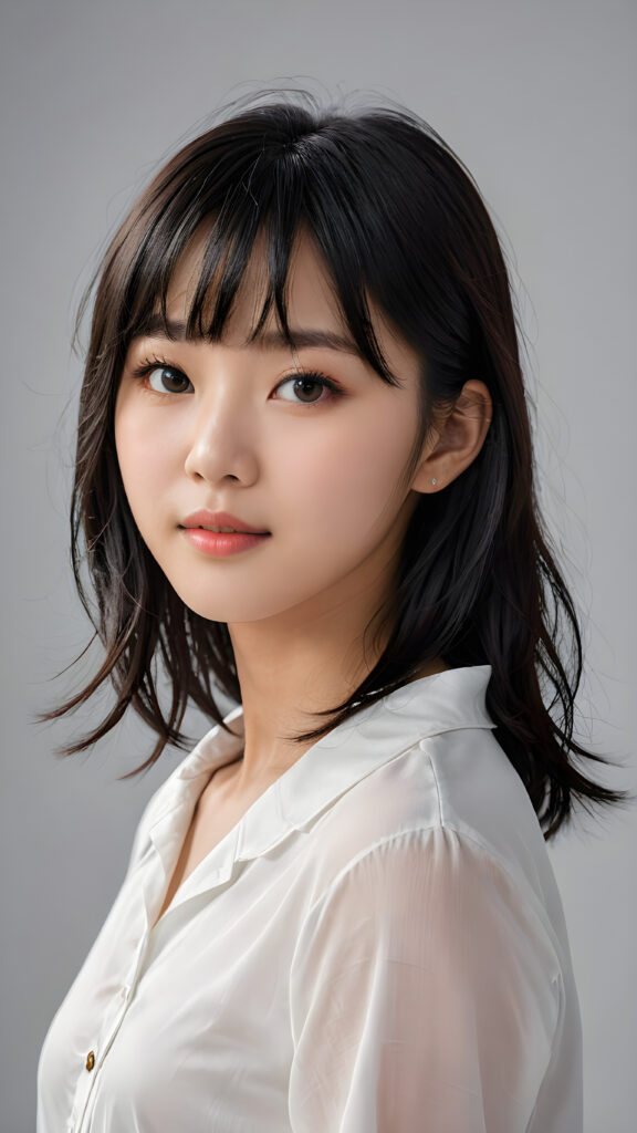 a 15 years old Korean teen girl, shoulder-length straight black hair, bangs that are parted to the side, she wears a ((white short thin shirt made of silk)), perfect curved body, ultra realistic face, realistic eyes, ((angelic round face)), stunning photo with beautiful saturation, ultra high resolution, deep shadow, (best quality, masterpiece), looking at viewer, warm smile, masterpiece, ultra realistic portrait, best quality, ((grey light background)) ((gorgeous)) ((cute)) ((side view)) ((full body))