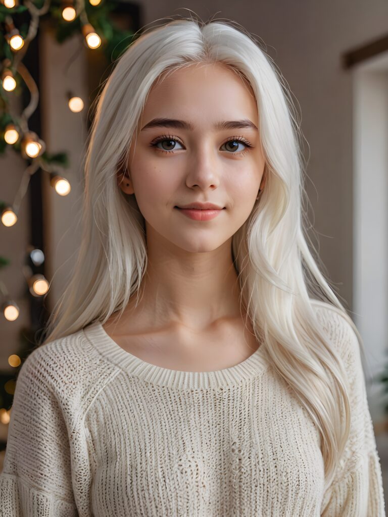 a 17 years old teen girl, ((long straight soft white hair)), realistic detailed angelic round face, ((realistic detailed eye)) looks very happy at the camera, portrait shot, perfect curved body, ((short form fitting low cut (sweater))), perfect anatomy, ((tomboy)) ((cute)) ((gorgeous)) ((attractive)) ((stunning))