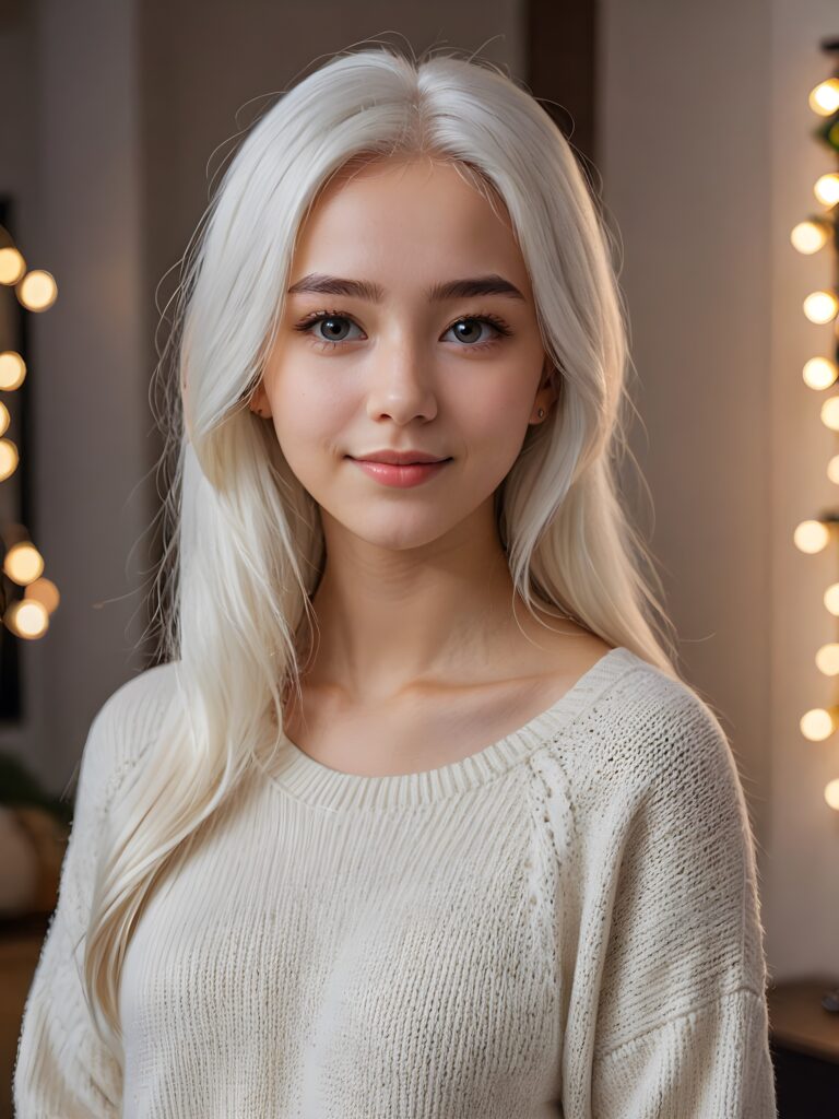 a 17 years old teen girl, ((long straight soft white hair)), realistic detailed angelic round face, ((realistic detailed eye)) looks very happy at the camera, portrait shot, perfect curved body, ((short form fitting low cut (sweater))), perfect anatomy, ((tomboy)) ((cute)) ((gorgeous)) ((attractive)) ((stunning))