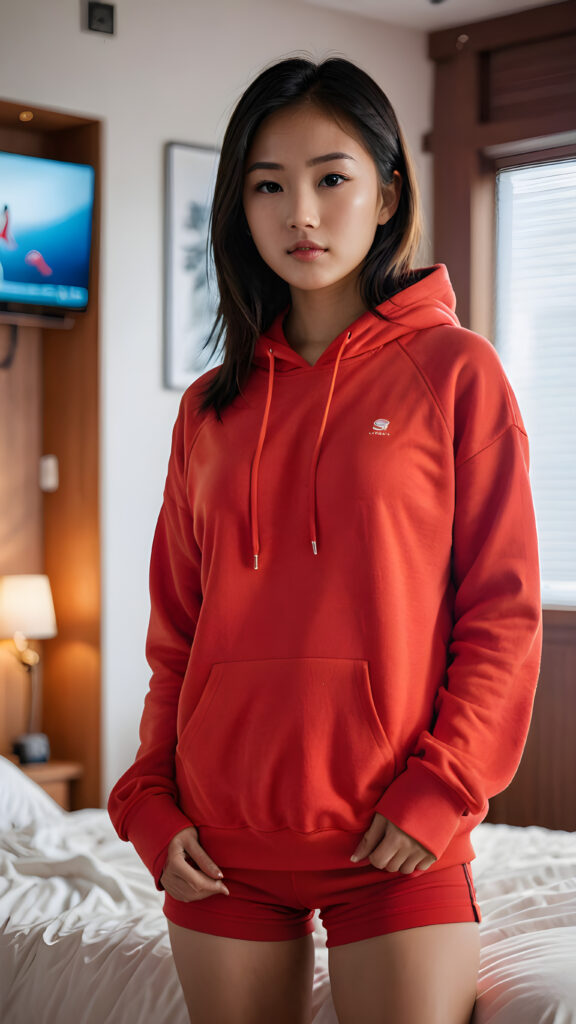 a (((Asian girl))) standing confidently in her (bedroom), dressed in a (vivid red hoodie) that highlights her navel, with its sides pulled down to reveal a glimpse of her short shorts