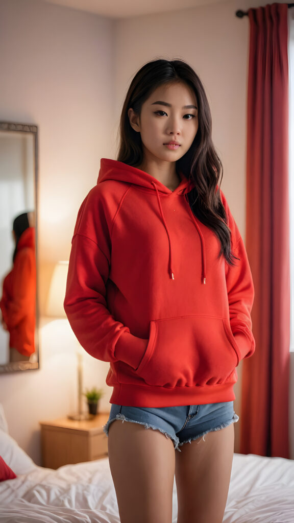 a (((Asian girl))) standing confidently in her (bedroom), dressed in a (vivid red hoodie) that highlights her navel, with its sides pulled down to reveal a glimpse of her short shorts