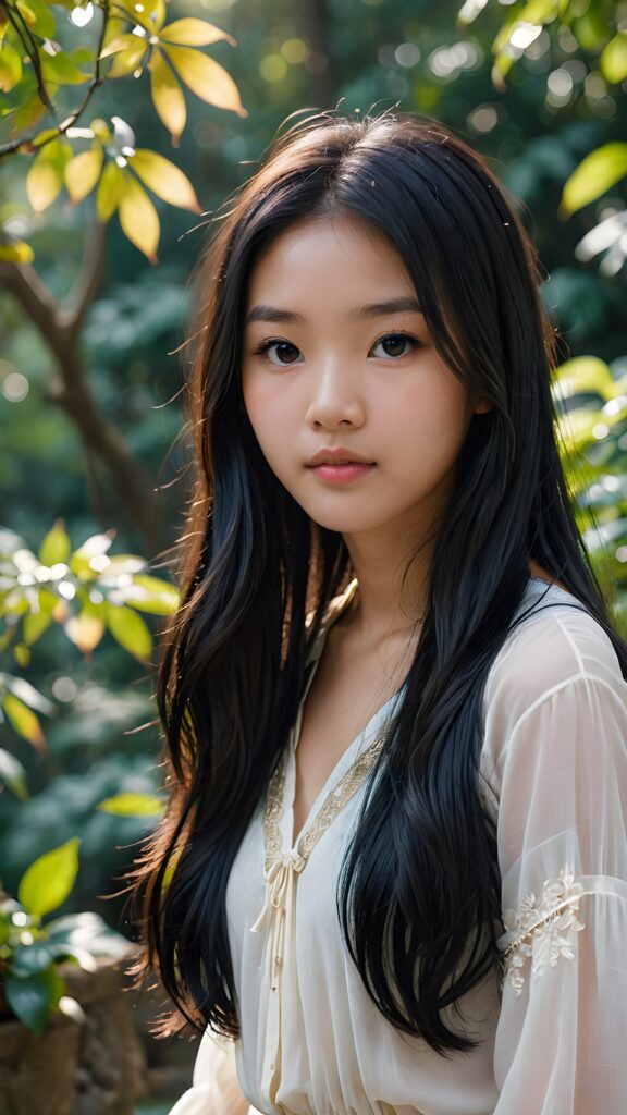 a (((Asian teen girl with long, flowing black hair))), poised confidently in a (((mystical setting))) that hints at the essence of the popular meme character 'Naksu'. Her features and aura convey a sense of otherworldliness ((upper body portrait))