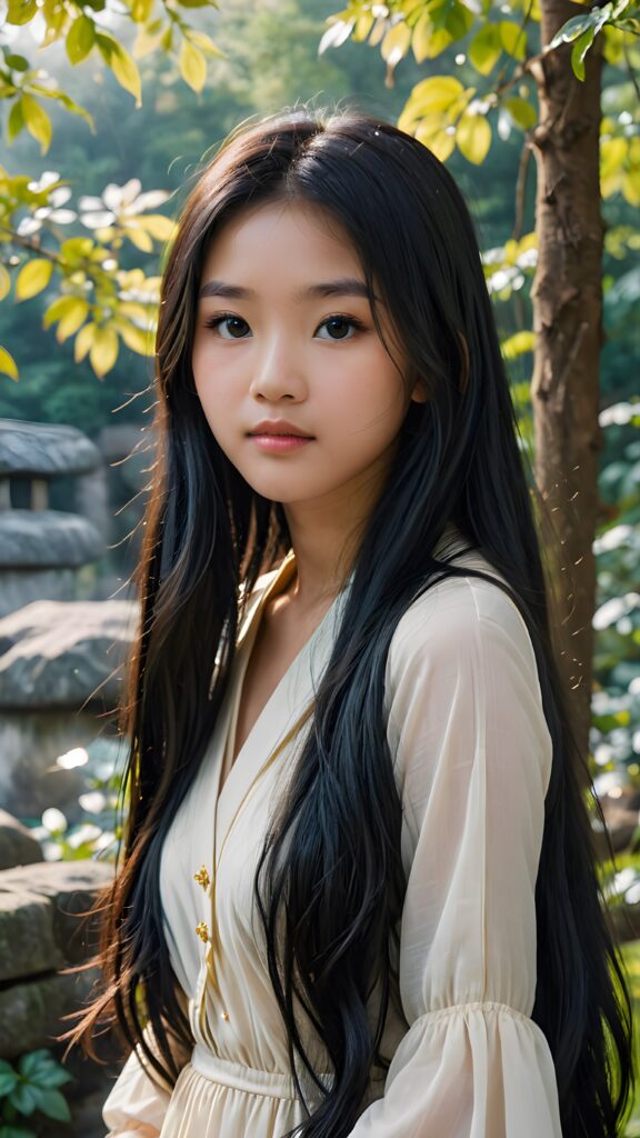 a (((Asian teen girl with long, flowing black hair))), poised confidently in a (((mystical setting))) that hints at the essence of the popular meme character 'Naksu'. Her features and aura convey a sense of otherworldliness ((upper body portrait))