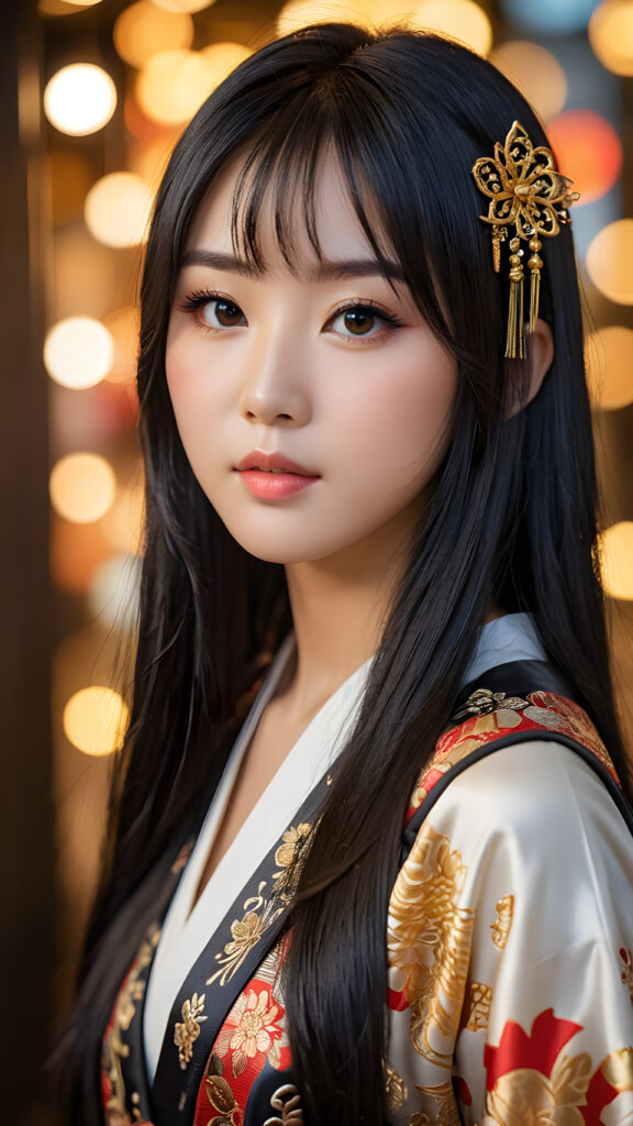 a (((Japanese dream girl))) with intricate details and ornate patterns, luxurious black long straight hair with side-swept bangs