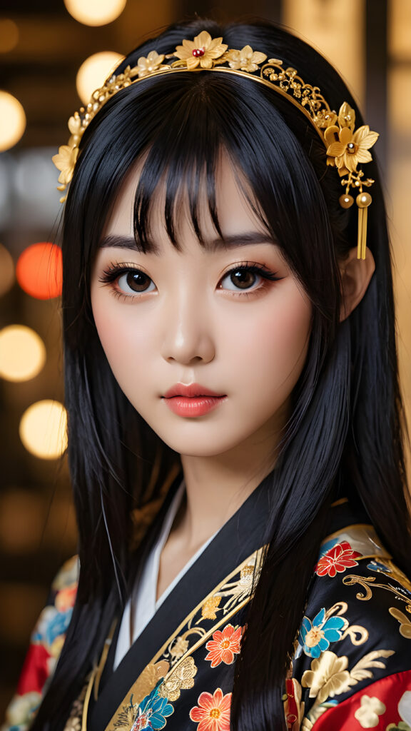 a (((Japanese dream girl))) with intricate details and ornate patterns, luxurious black long straight hair with side-swept bangs