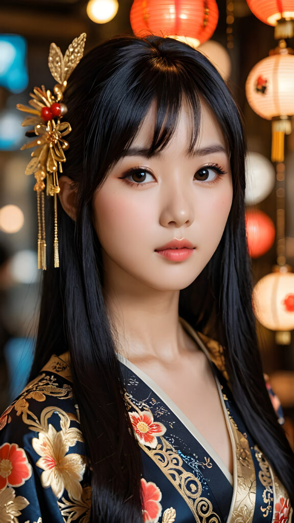 a (((Japanese dream girl))) with intricate details and ornate patterns, luxurious black long straight hair with side-swept bangs