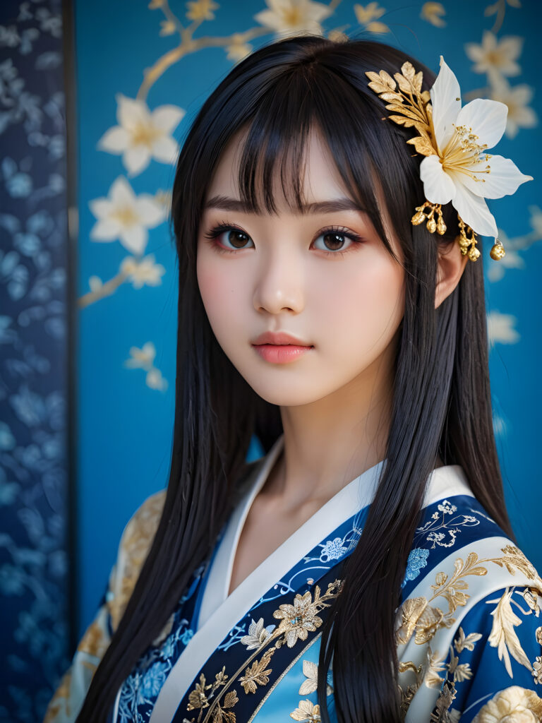 a (((Japanese dream teen girl))) with intricate details and ornate patterns, luxurious black long straight hair with side-swept bangs, ((blue background)), perfect light and shadow, ((stunning)), ((gorgeous))