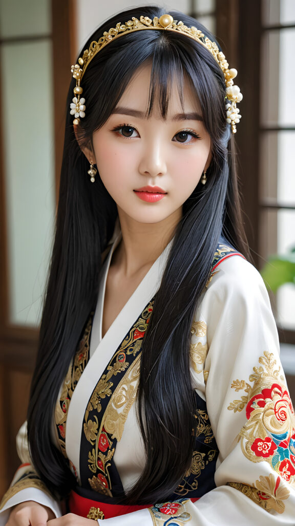 a (((Korean dream girl))) with intricate details and ornate patterns, luxurious black long straight hair with side-swept bangs