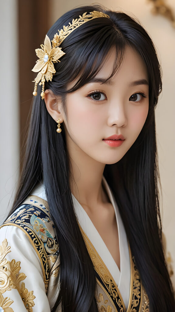 a (((Korean dream girl))) with intricate details and ornate patterns, luxurious black long straight hair with side-swept bangs