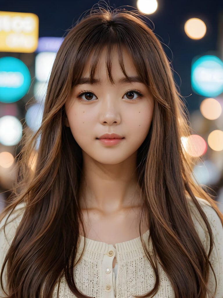 a Korean girl with long wavy brown hair and long straight blonde bangs