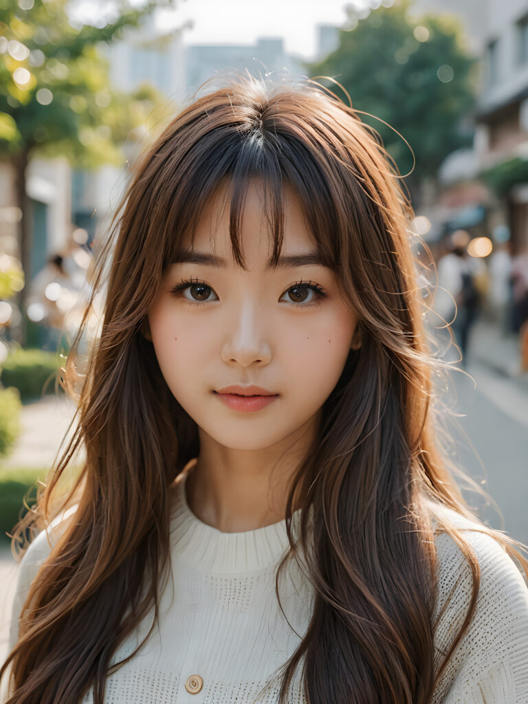 a Korean girl with long wavy brown hair and long straight blonde bangs