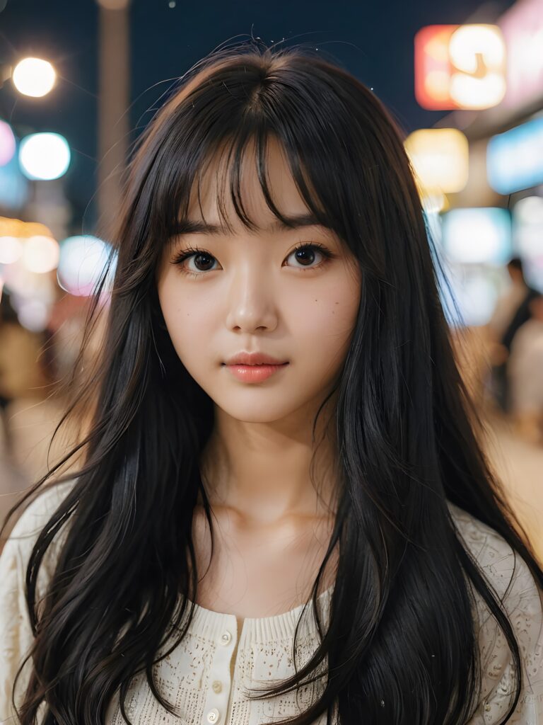 a Korean teen girl with long wavy black hair and long straight blonde bangs