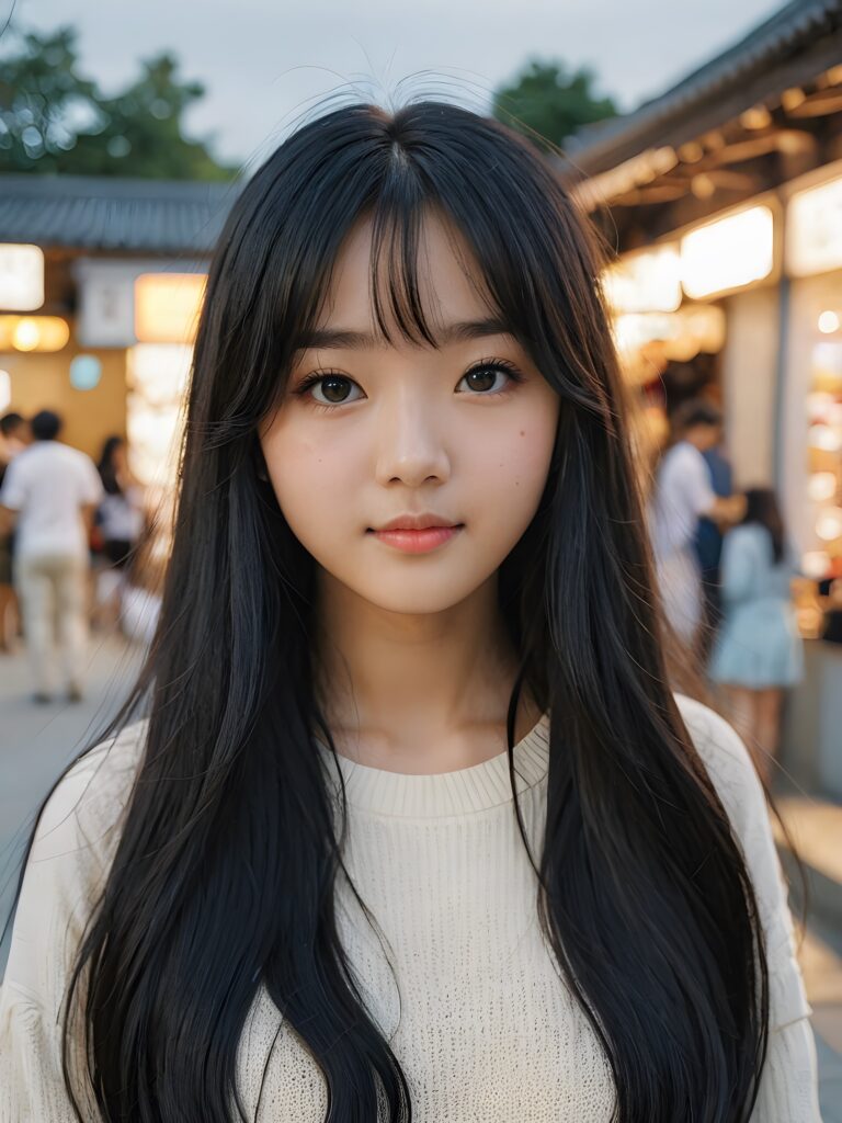 a Korean teen girl with long wavy black hair and long straight blonde bangs