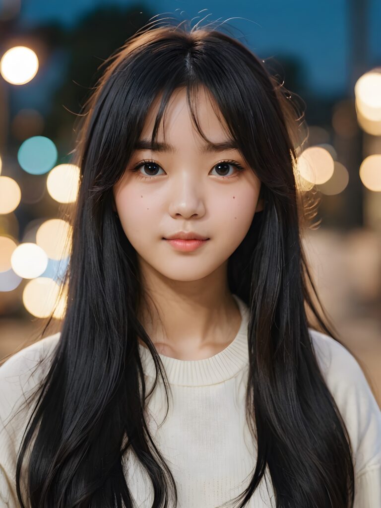 a Korean teen girl with long wavy black hair and long straight blonde bangs