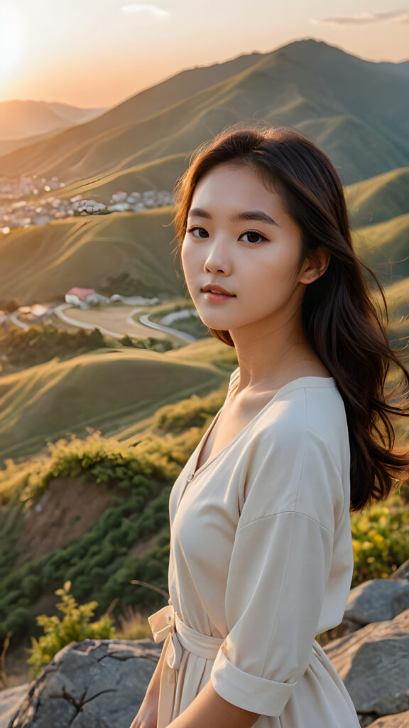 a (((Natural Korean Girl))) standing confidently on a scenic (((hill))), framed against a breathtaking backdrop of a (sunset-filled valley)