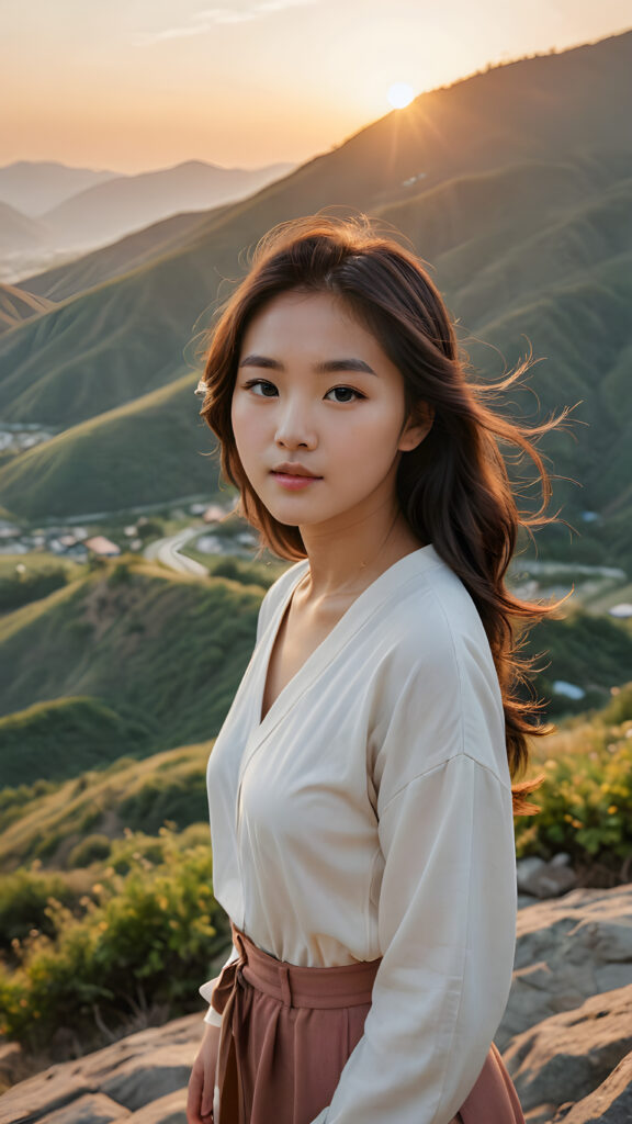 a (((Natural Korean Girl))) standing confidently on a scenic (((hill))), framed against a breathtaking backdrop of a (sunset-filled valley)