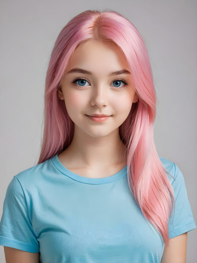 a beautiful (((pretty young girl))), with long, silky, shiny straight pink hair and bright blue eyes, wearing a thin, simple T-shirt. Her hair extends beyond her shoulders by about 5 cm. She looks cheerfully at the viewer