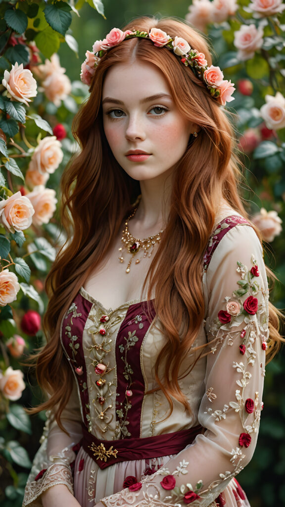 a (((beautiful oil portrait))), featuring a young girl with flowing (((long auburn hair))), intricate details drawn using shades of red wine grapes and vines interwoven with delicate ((roses)), her face captured in a serene expression, dressed in a luxurious ((long dress)) adorned with ornate patterns of roses