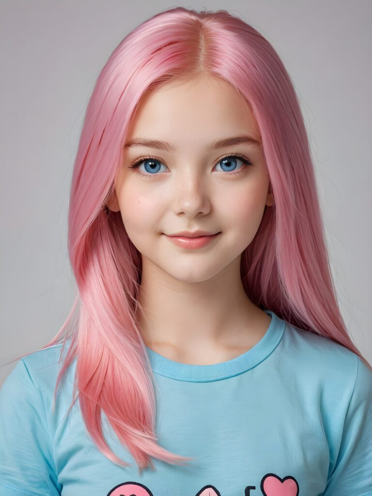 a beautiful (((pretty young girl))), with long, silky, shiny straight pink hair and bright blue eyes, wearing a thin, simple T-shirt. Her hair extends beyond her shoulders by about 5 cm. She looks cheerfully at the viewer