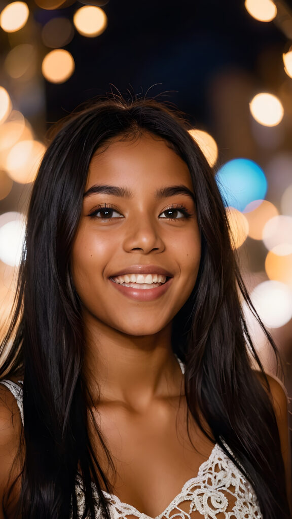 a (((beautiful young brown-skinned exotic teen girl))), with long, soft, luxurious (((black straight hair))), caught in a moment of (ecstatic) delight