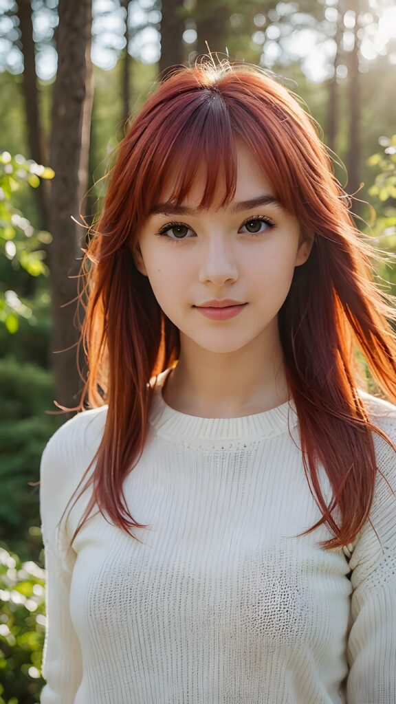 a beautiful (((pretty young teen girl))), with long, silky, shiny straight long neon red hair, bangs cut framing her found face, wearing a thin, white sweater, her hair extends beyond her shoulders, she looks cheerfully at the viewer, perfect curved body, natural backdrop