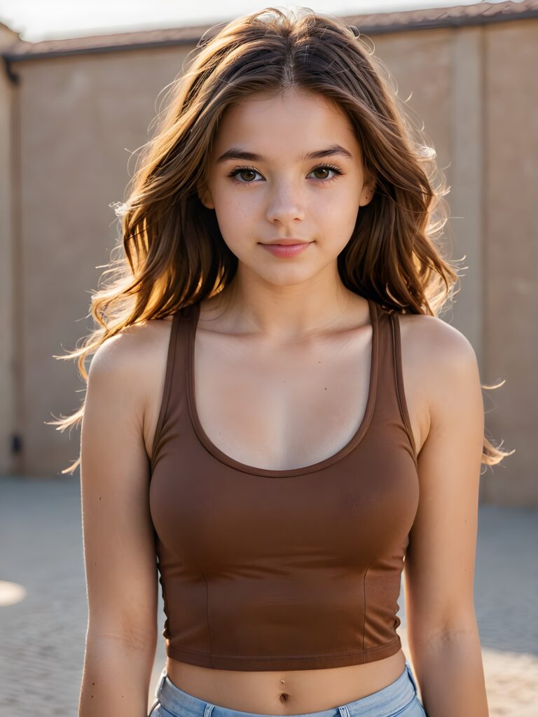 a (((beautiful young teen girl))) with a sleek, ((upper body close-up)), showcasing elegant details like curves and contours ((empty background)) ((stunning)) ((cute)) ((gorgeous)) ((brown, shoulder long hair)) ((crop tank top))